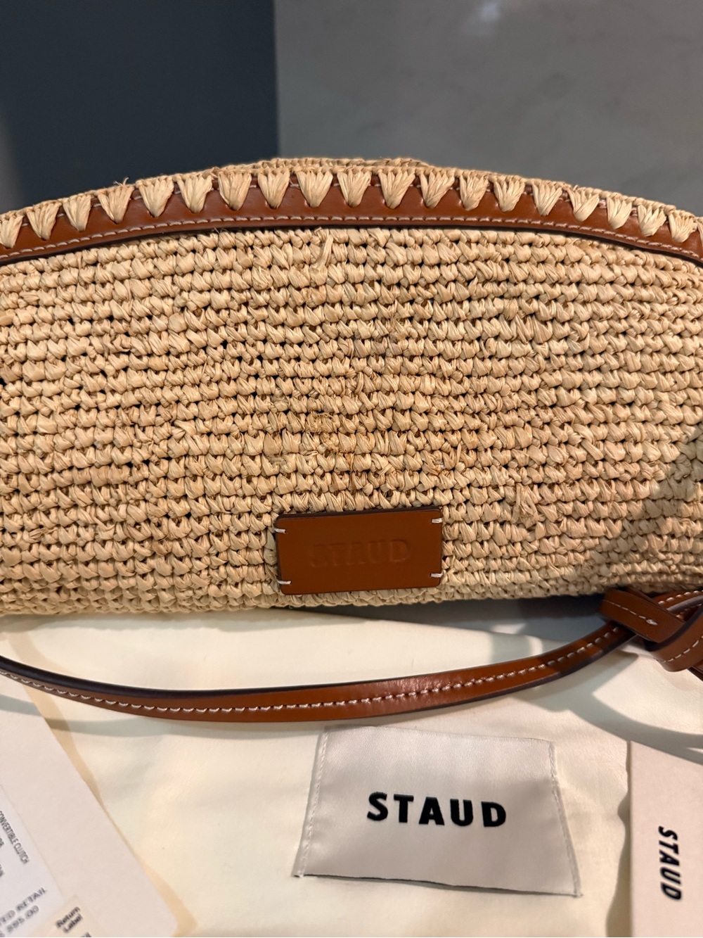 STAUD Lena Raffia and Leather Clutch Bag Natural Tan NWT - Picture 7 of 11